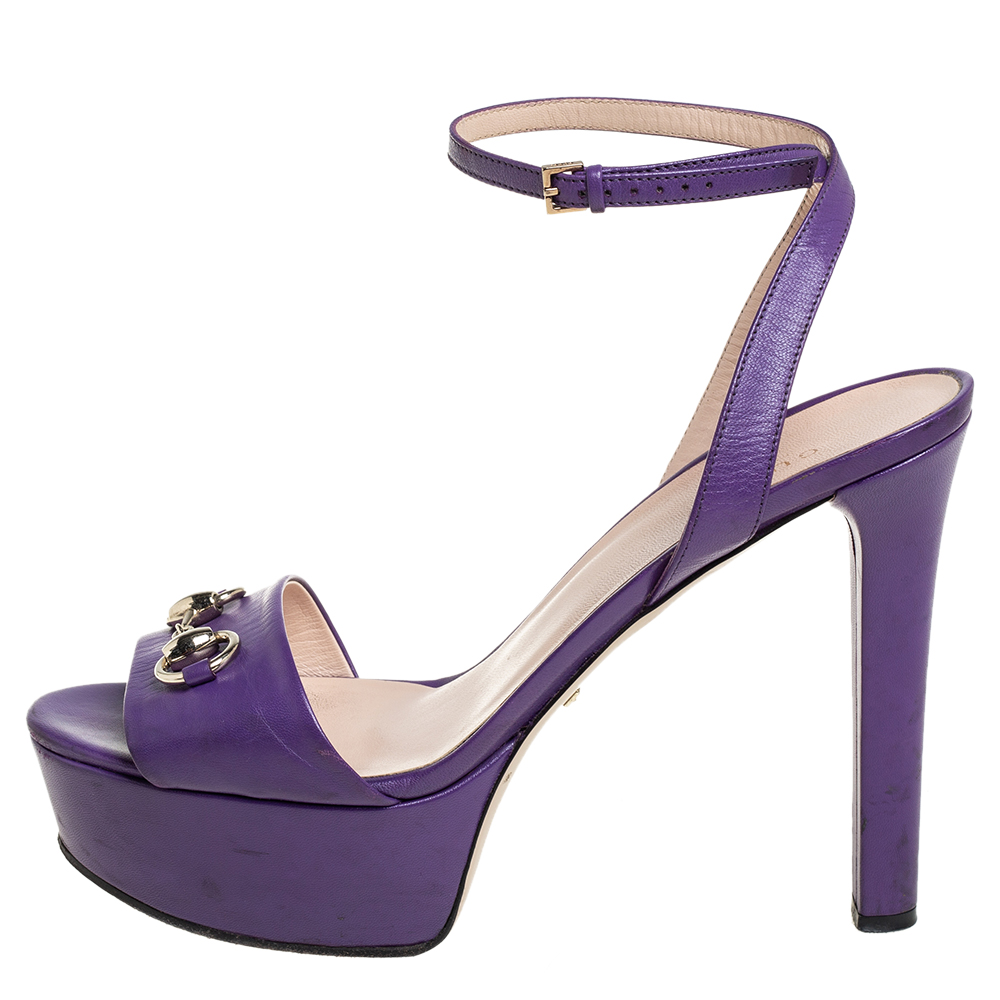 

Gucci Purple Leather Horsebit Ankle Strap Platform Sandals Size