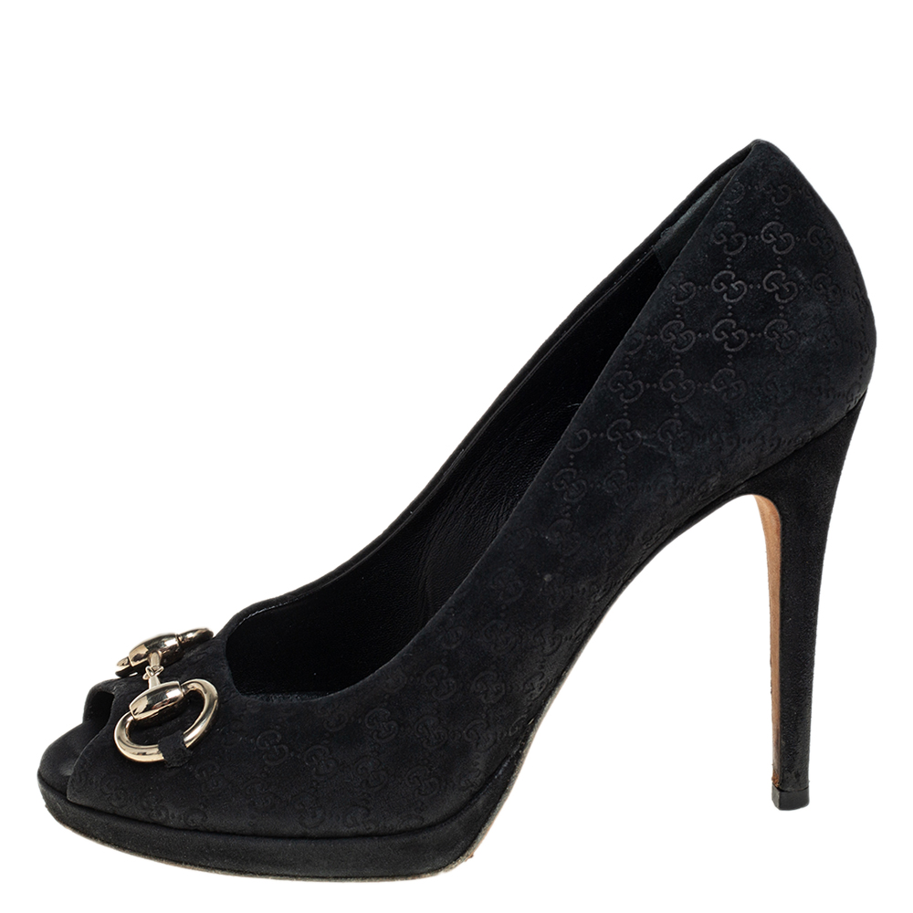 

Gucci Black GG Suede Horsebit Peep Toe Pumps Size