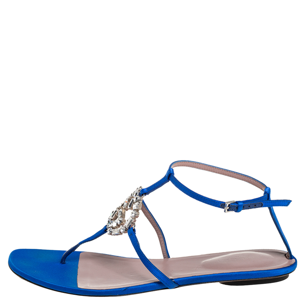 

Gucci Blue Satin GG Interlocking Crystal Ankle Strap Sandals Size