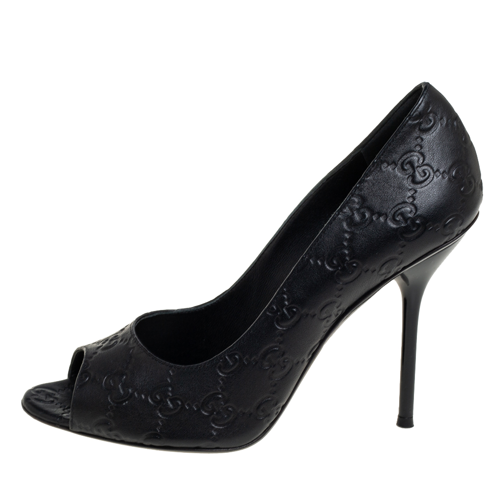 

Gucci Black Guccissima Leather Peep Toe Pumps Size