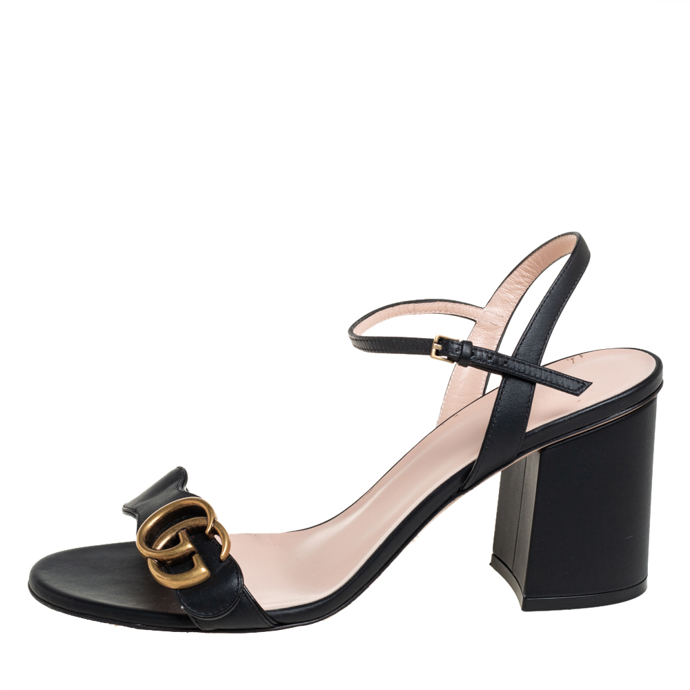 

Gucci Black Leather GG Marmont Ankle Strap Block Heel Sandals Size