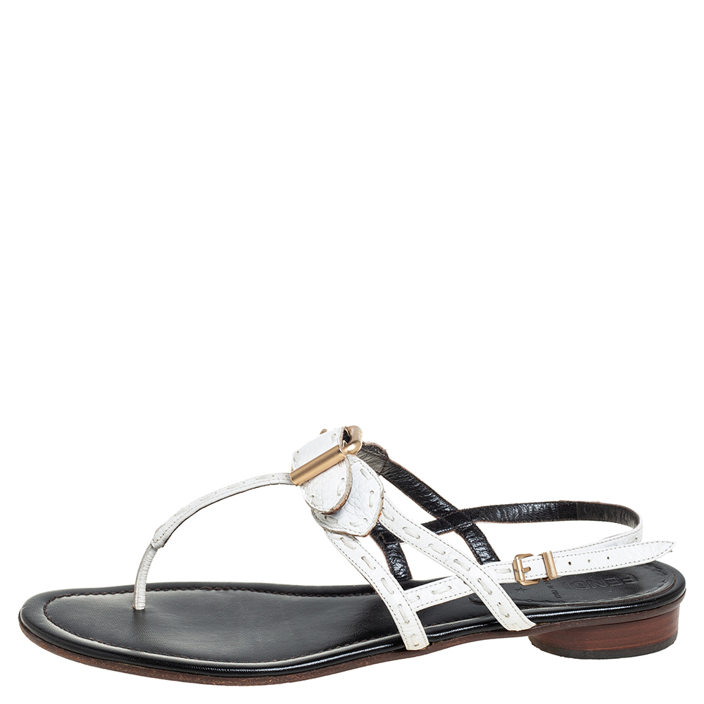 

Fendi White Leather T-Strap Buckle Thong Slingback Flat Sandals Size