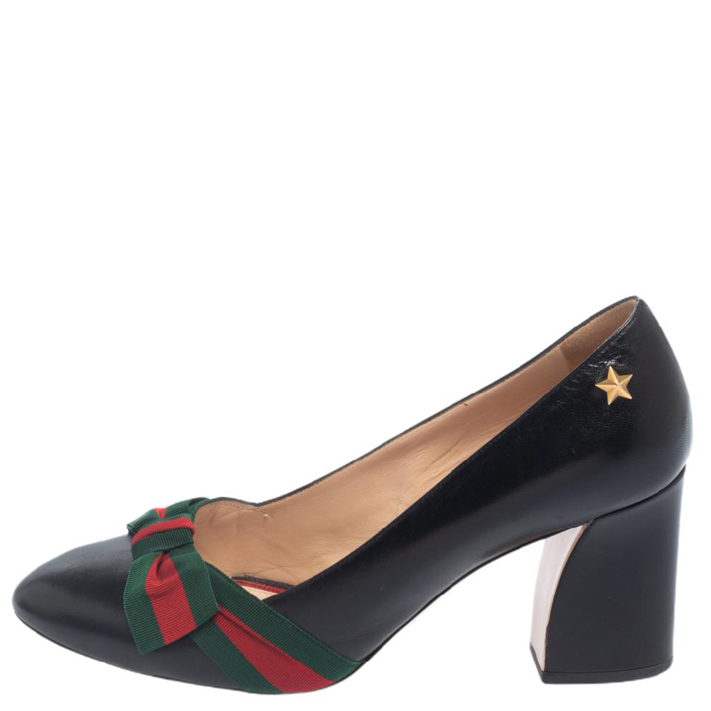 

Gucci Black Leather Web Bow Block Heel Pumps Size