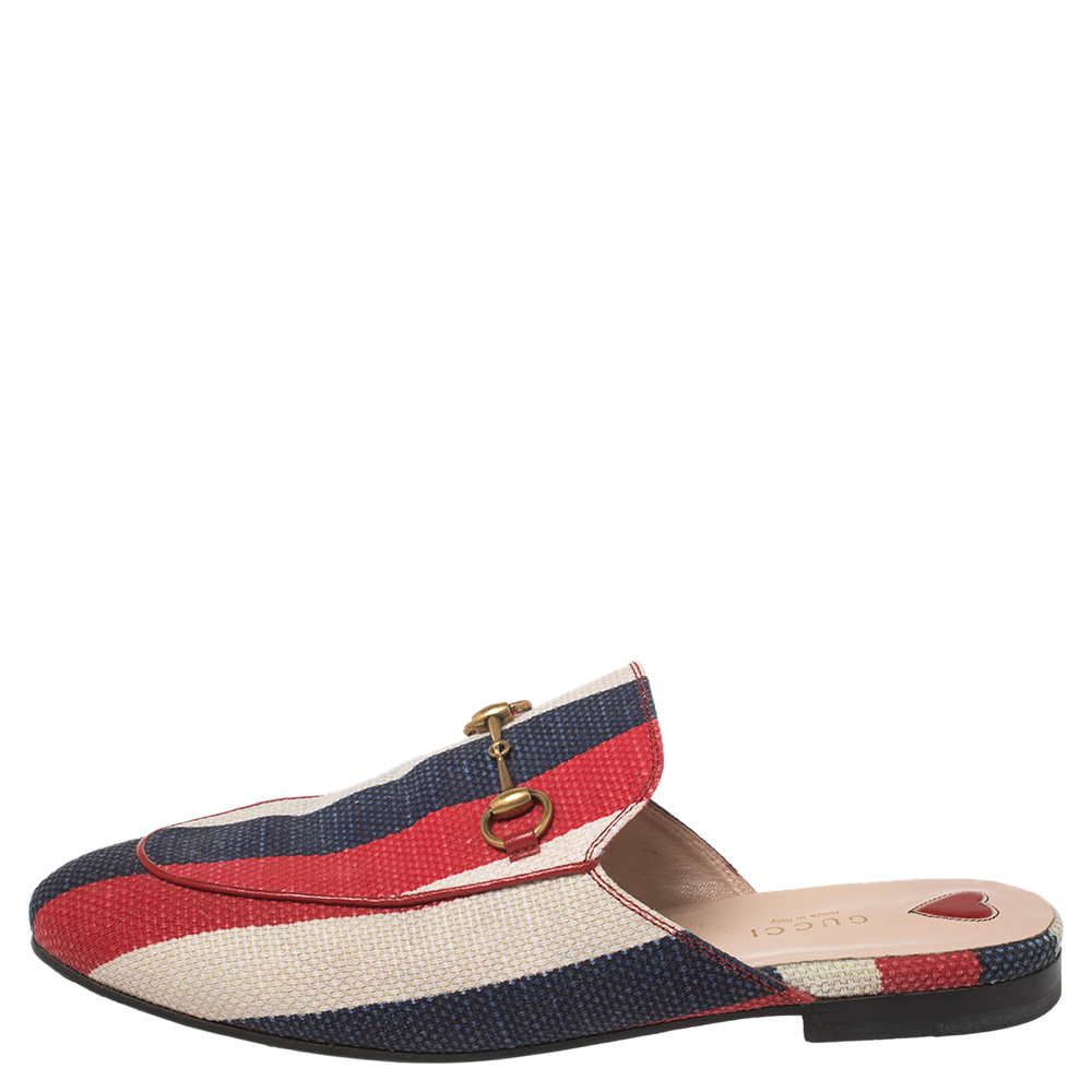 

Gucci Multicolor Stripe Canvas Princetown Horsebit Mules Sandals Size