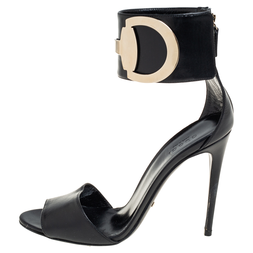 

Gucci Black Leather Rooney Icon Bit Embellished Ankle Cuff Sandals Size