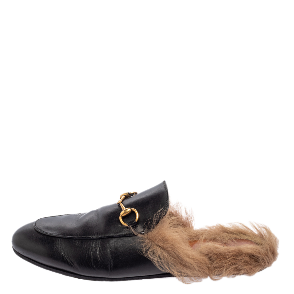 

Gucci Black Leather And Fur Princetown Mule Sandals Size