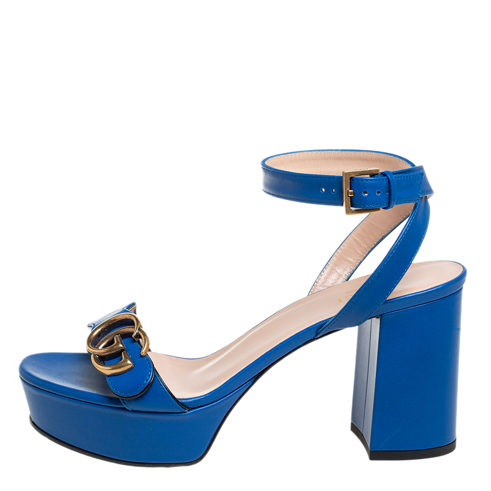 

Gucci Blue Leather GG Marmont Platform Ankle Strap Sandals Size