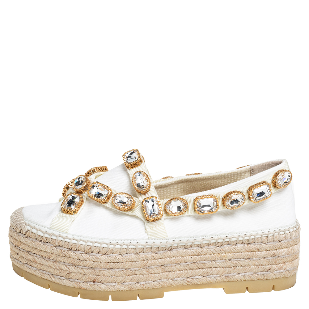 

Gucci White Canvas Crystal Embellished Pepita Platform Espadrilles Size