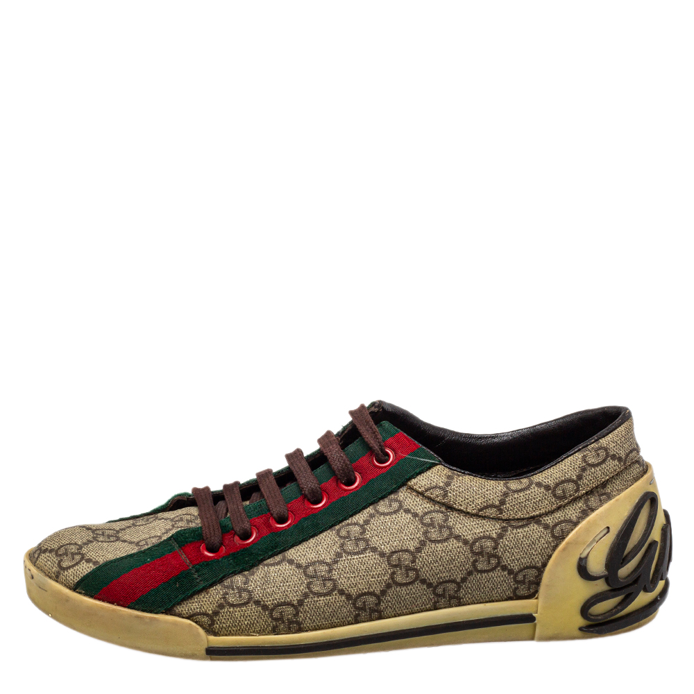 

Gucci Beige GG Coated Canvas Web Low Top Sneakers Size