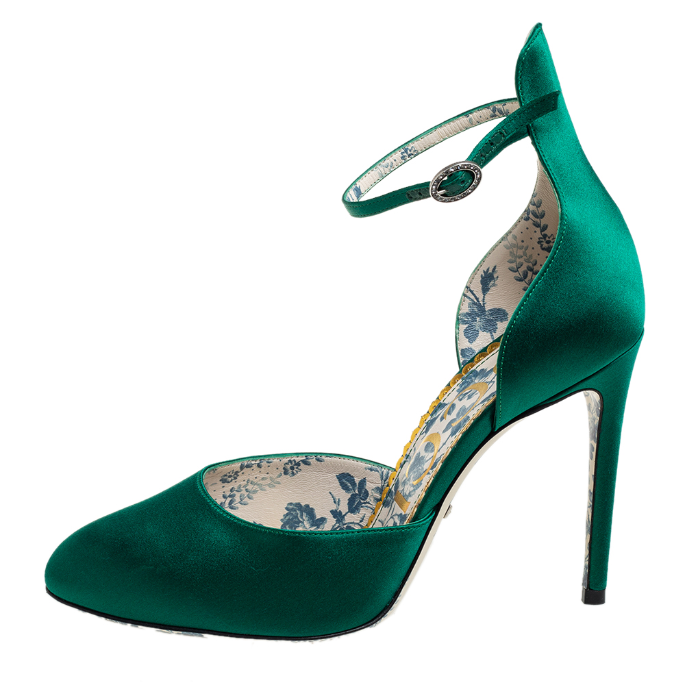 

Gucci Green Satin D'orsay Ankle Strap Daisy Pumps Size