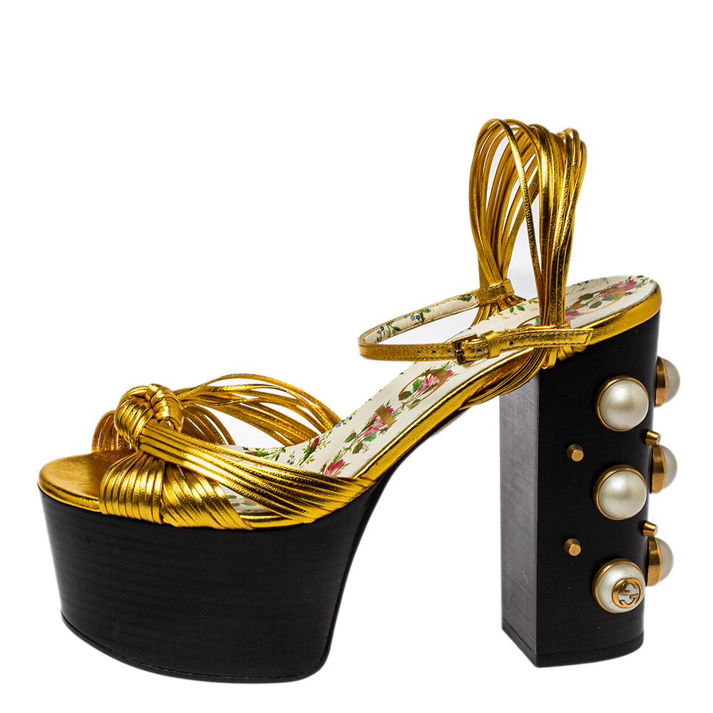 

Gucci Gold Leather Knot Pearl Platform Sandals Size