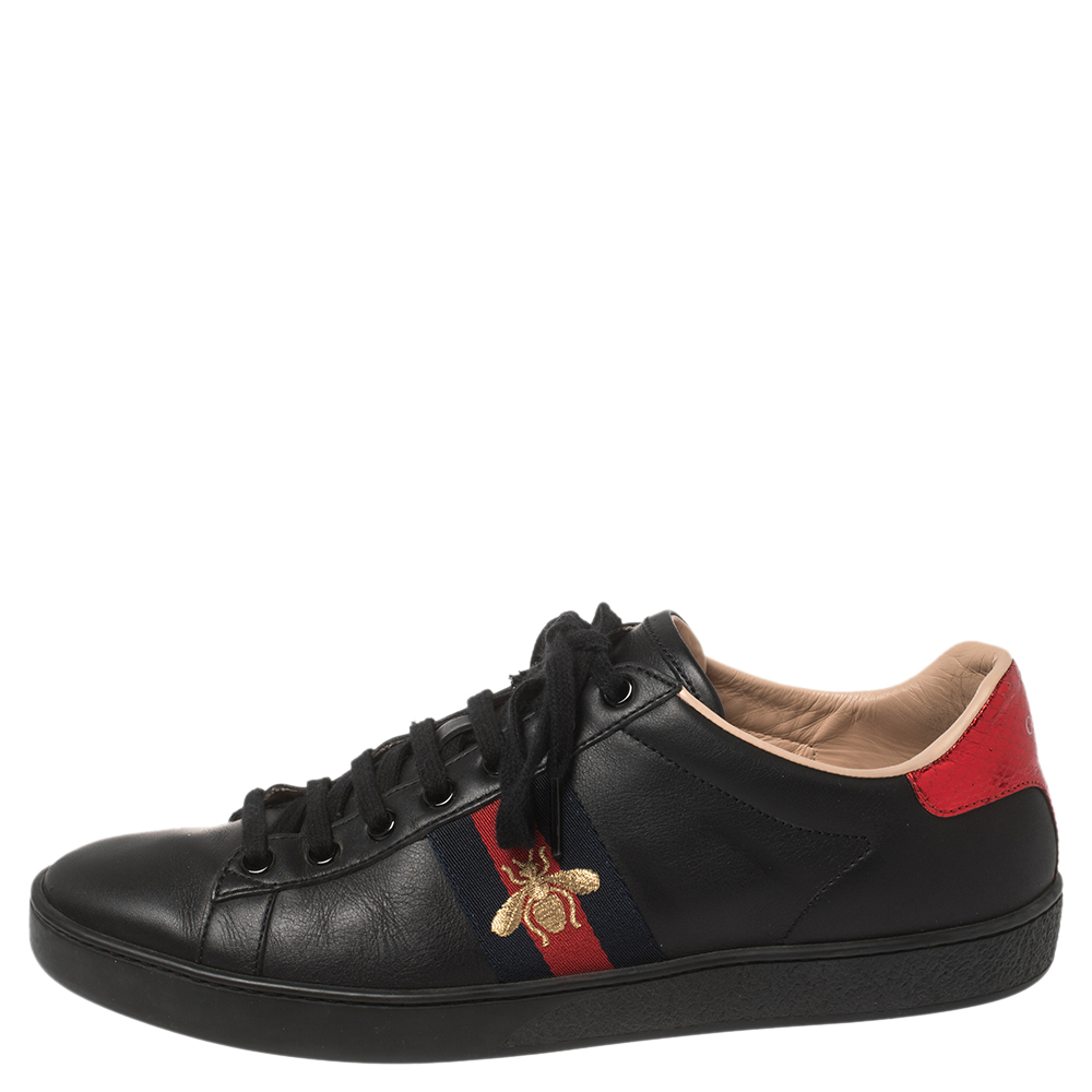 

Gucci Black Leather Ace Web Low Top Sneakers Size