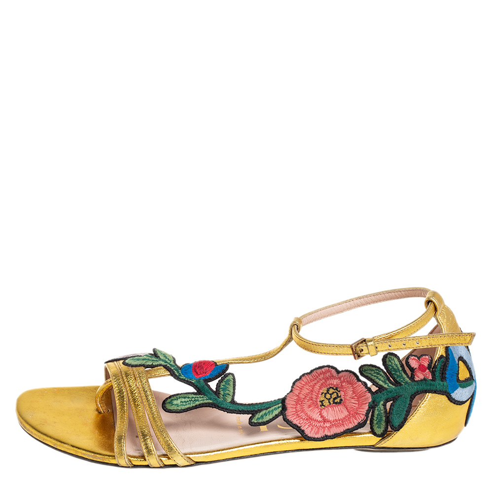 

Gucci Gold Leather Ophelia Embroidered Flat Sandals Size