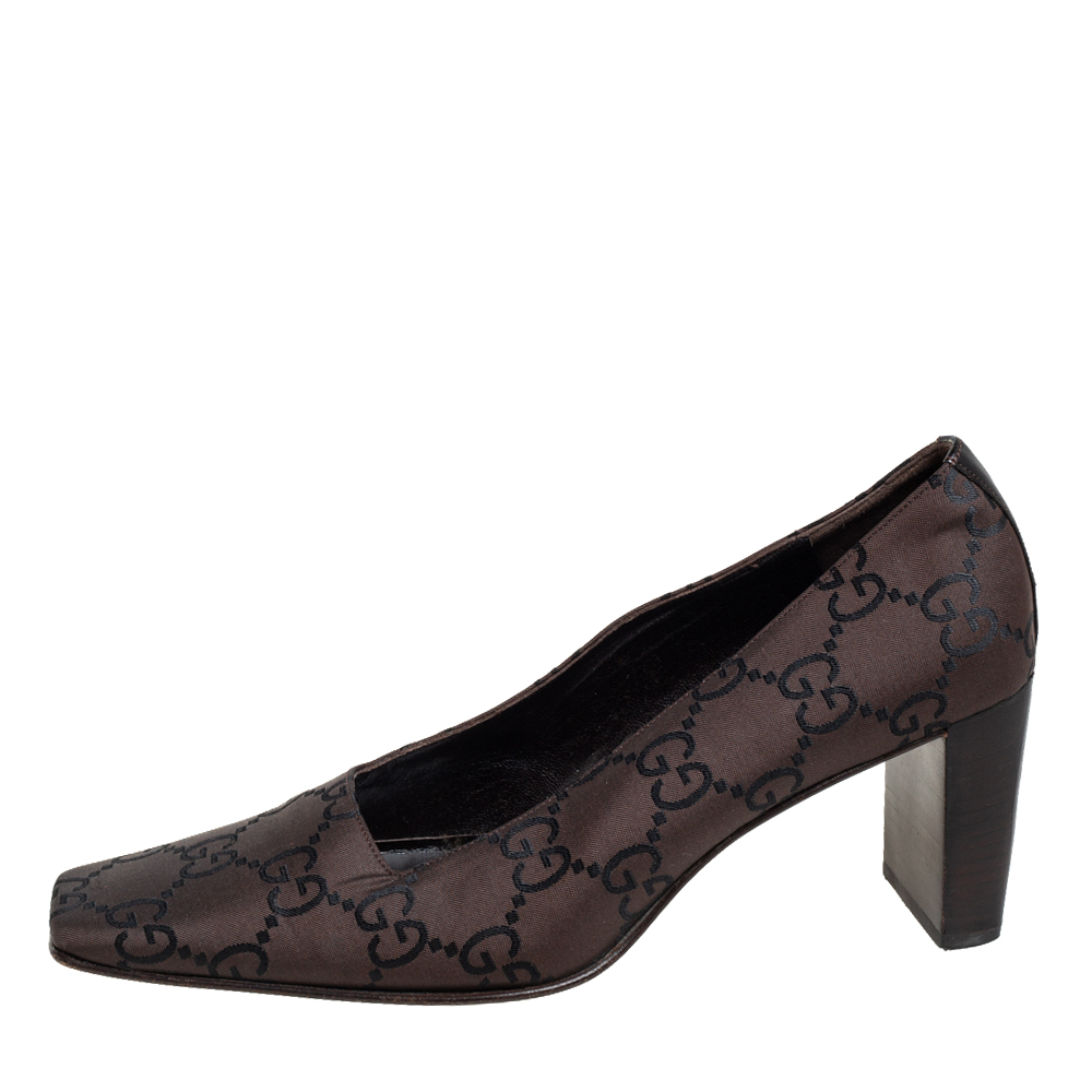 

Gucci Dark Brown GG Canvas Square Toe Block Heel Pumps Size