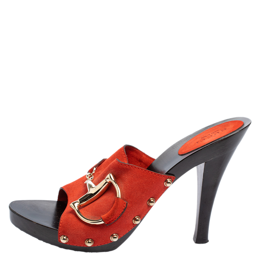 

Gucci Orange Suede Horsebit Open Toe Mules Sandals Size