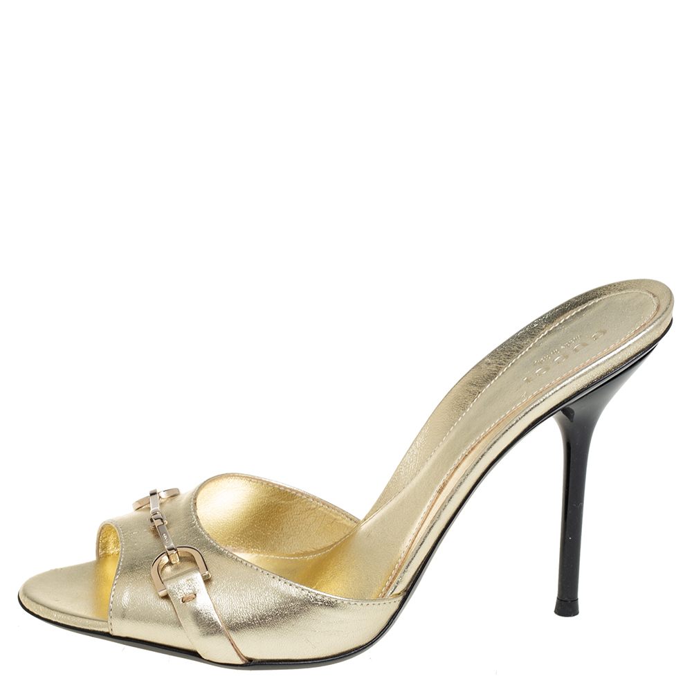 

Gucci Metallic Gold Leather Horsebit Mules Sandals Size