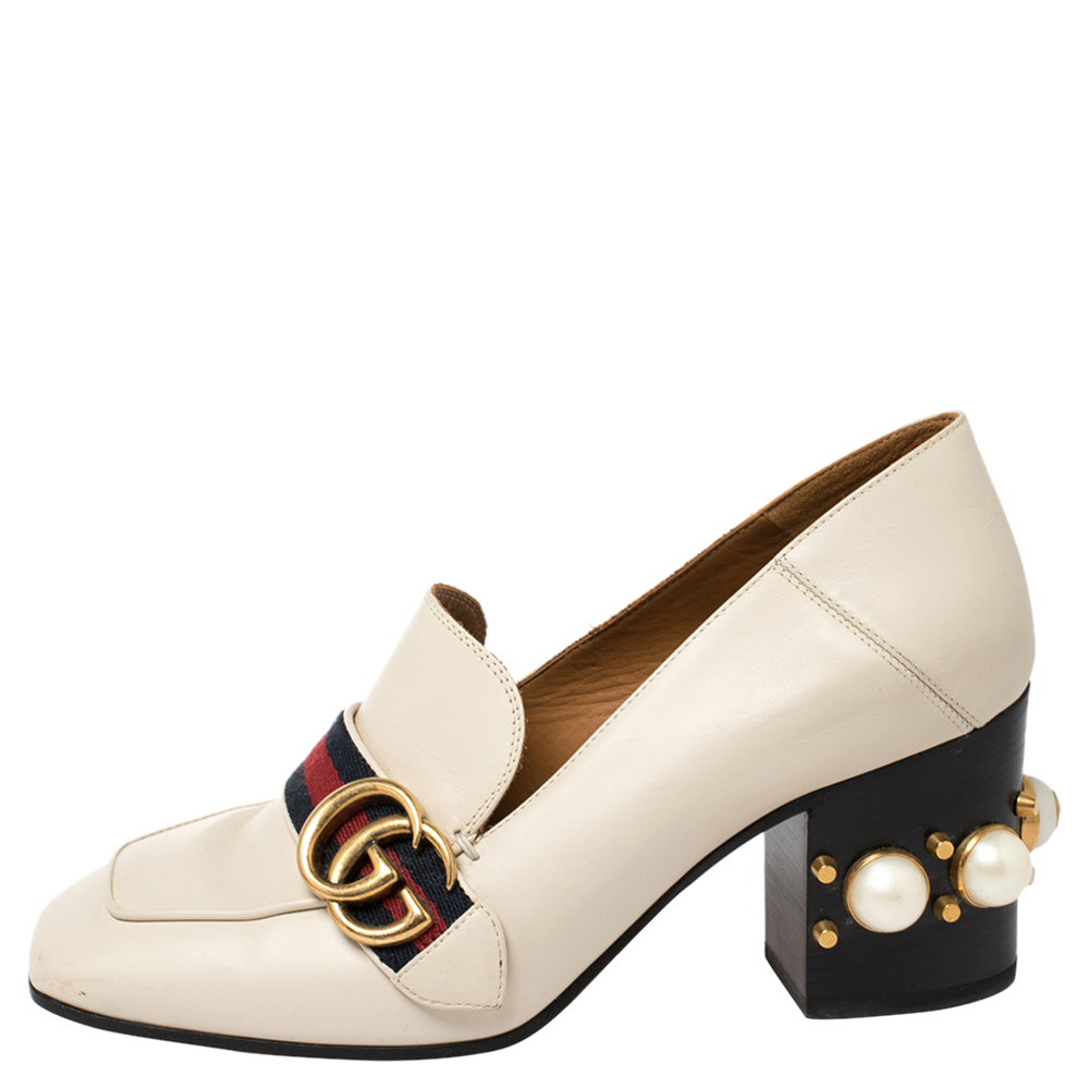 

Gucci Cream Leather Peyton GG Marmont Web Pearl Embellished Block Heel Pumps Size