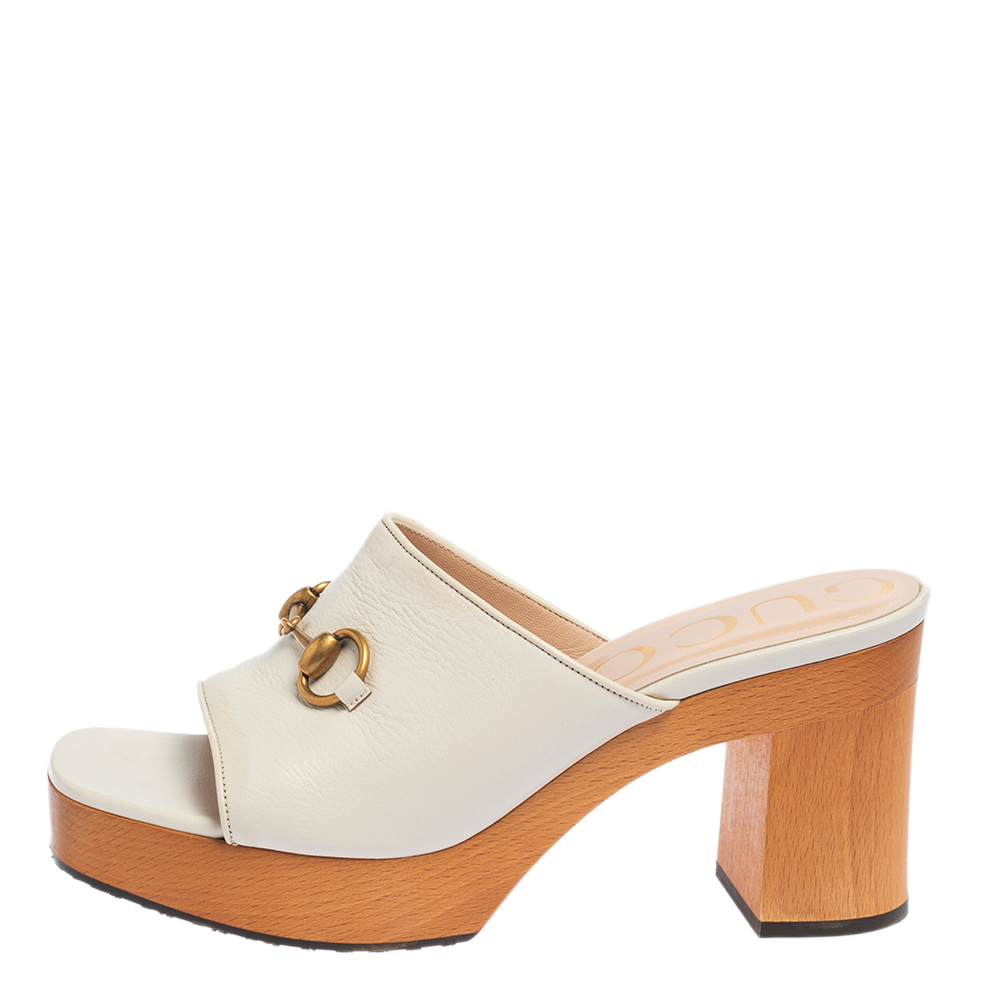 

Gucci White Leather Horsebit Platform Slide Sandals Size