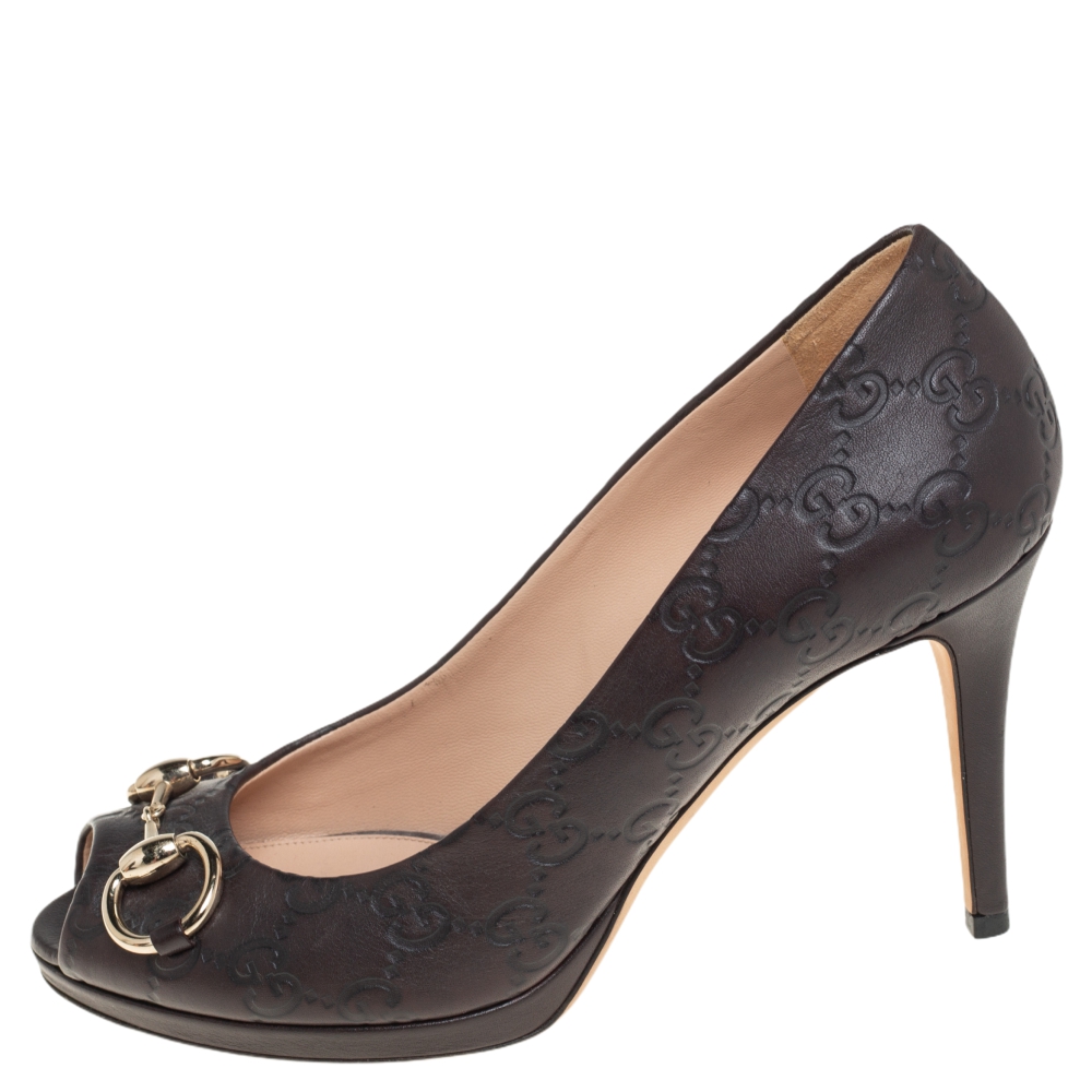 

Gucci Brown Guccissima Leather Horsebit Peep Toe Pumps Size