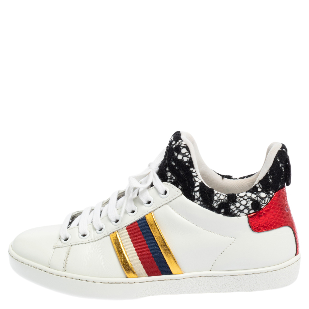 

Gucci White Leather And Lace Ace Low Top Up Sneakers Size