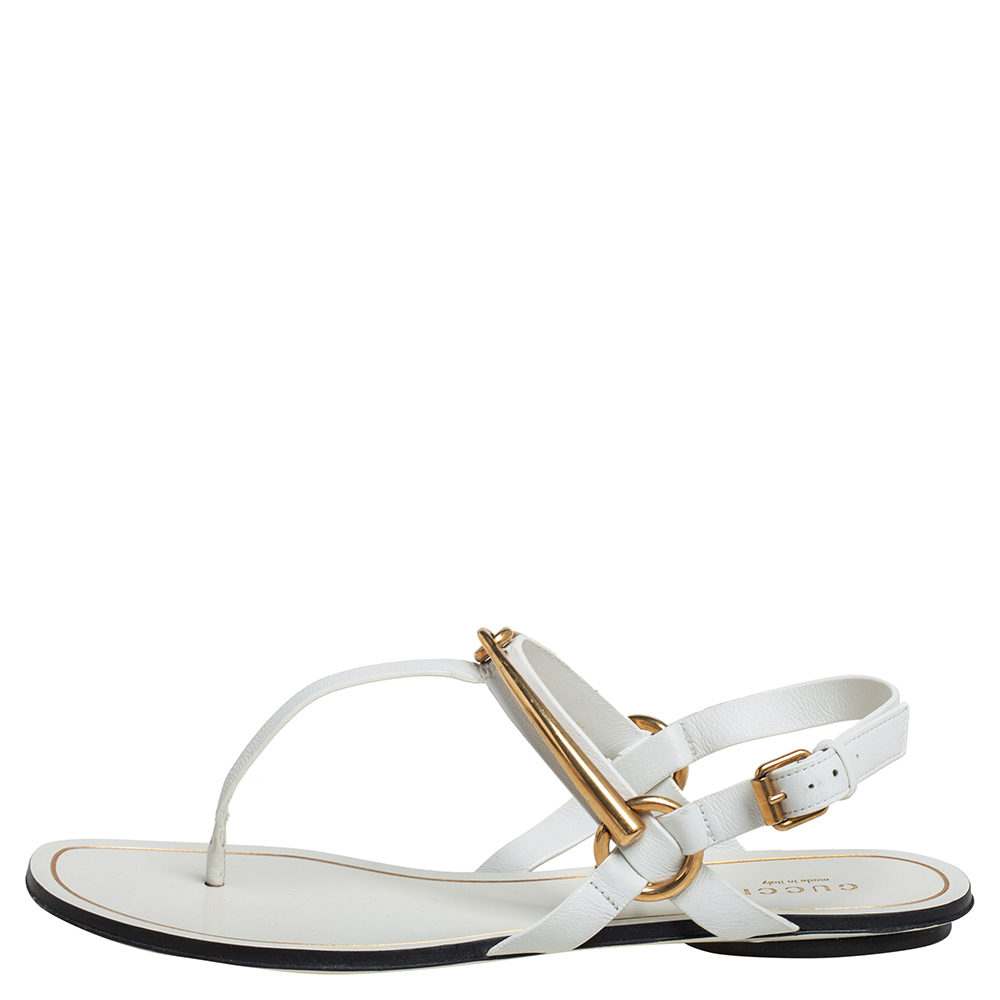 

Gucci White Leather Horsebit Thong Sandals Size