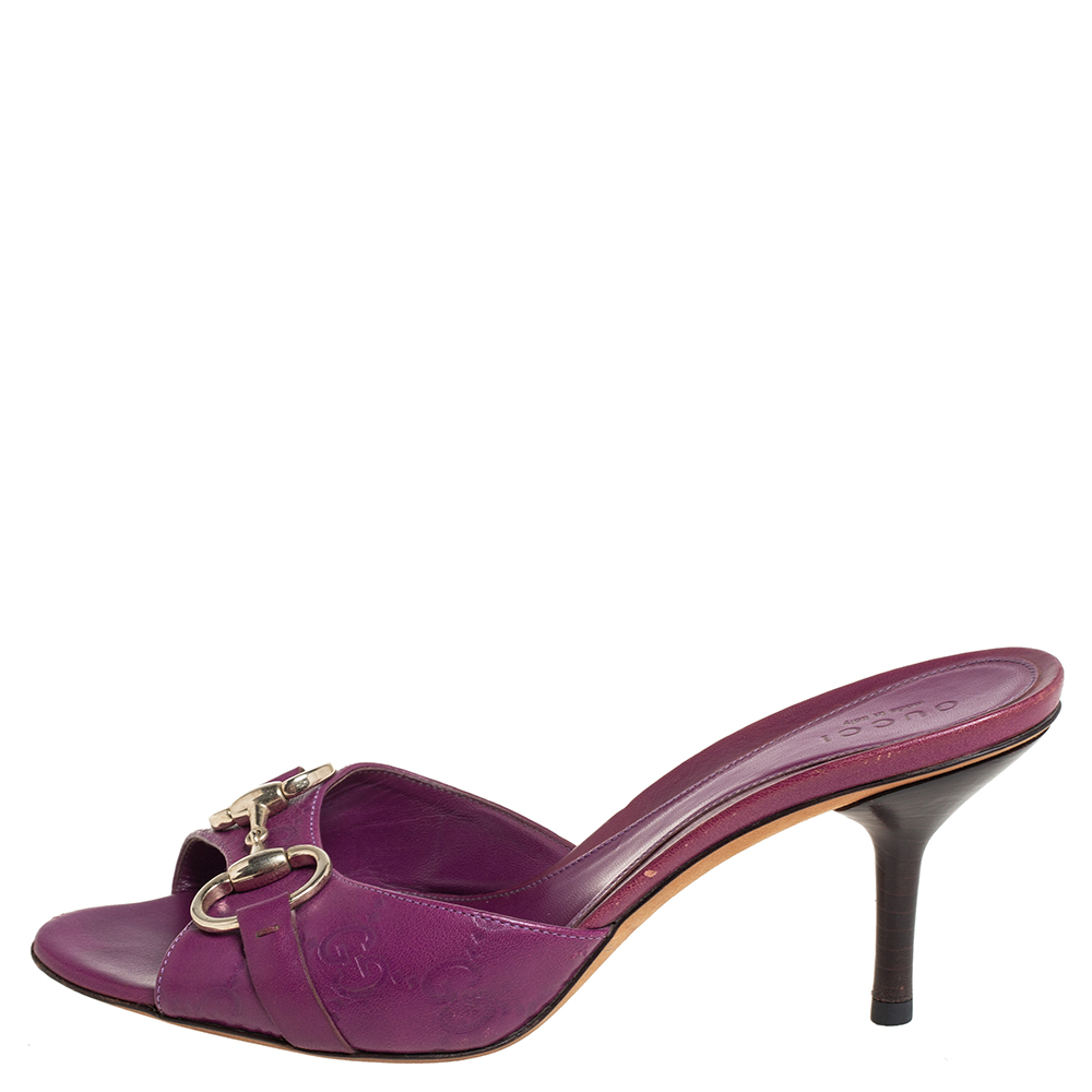 

Gucci Purple Leather Hollywood Horsebit Open Toe Slide Sandals Size