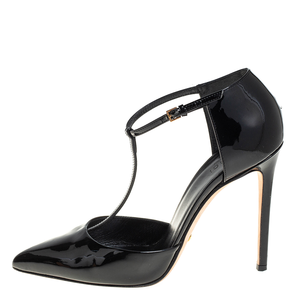

Gucci Black Patent Leather Pointed Toe T-Strap Pumps Size