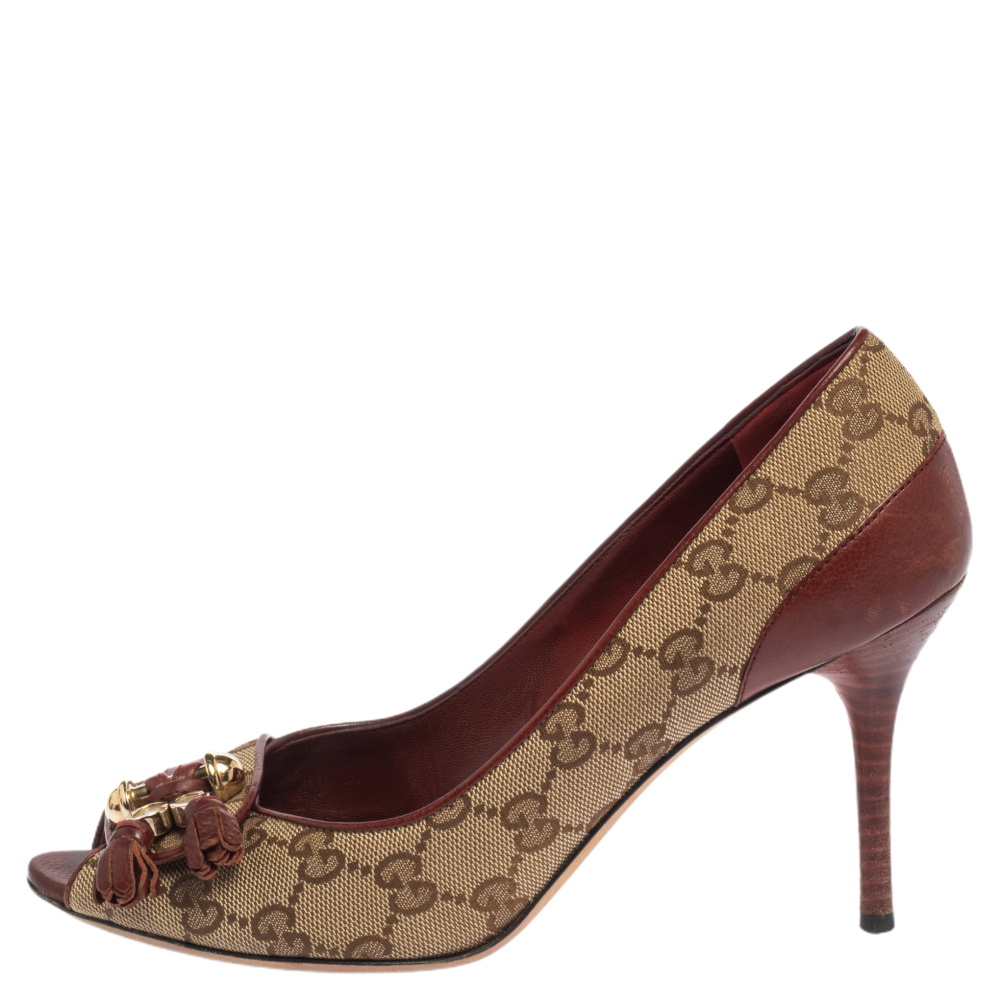 

Gucci Beige/Burgundy Leather And GG Canvas 'Marrakesh' Peep Toe Pumps Size