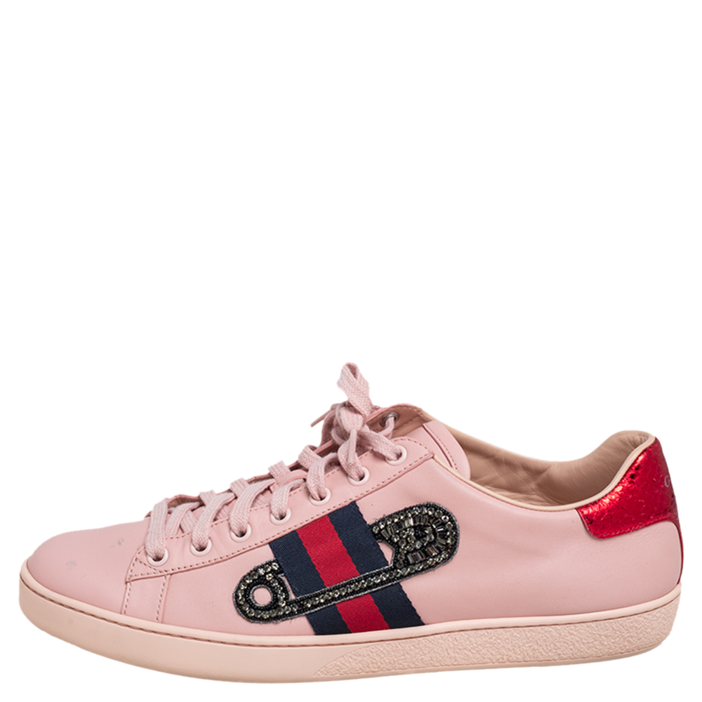 

Gucci Pink Leather Crystal Embellished 'Safety Pin' Ace Low Top Sneakers Size