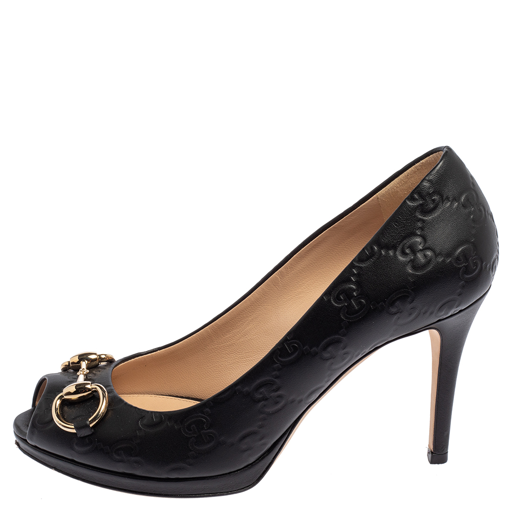 

Gucci Black Leather Horsebit Peep Toe Pumps Size