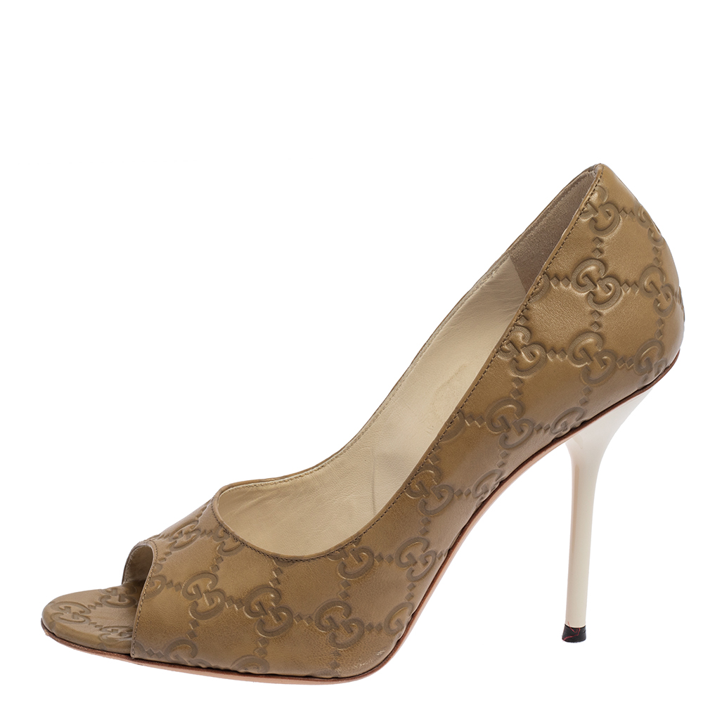 

Gucci Guccissima Grey Leather Horsebit Peep Toe Pumps Size
