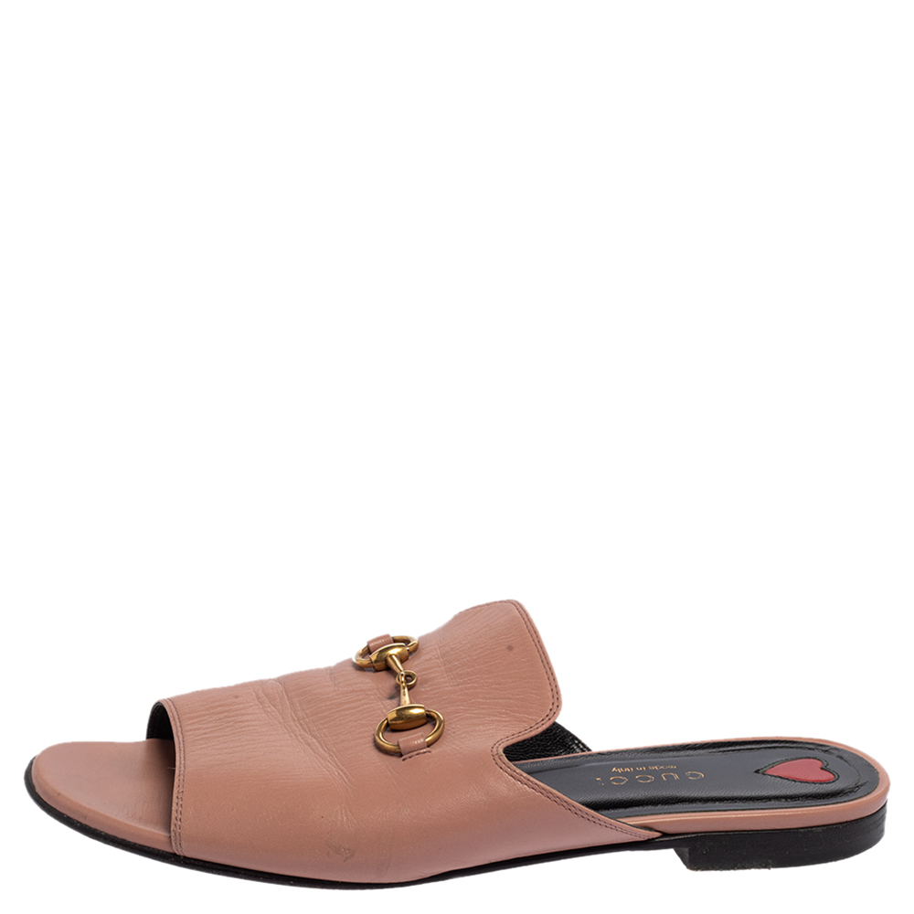 

Gucci Beige Leather Malaga Horsebit Slides Sandals Size, Pink
