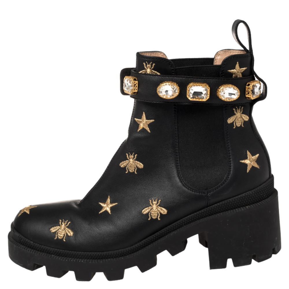 

Gucci Black Leather Embroidered Crystal Embellished Ankle Boots Size