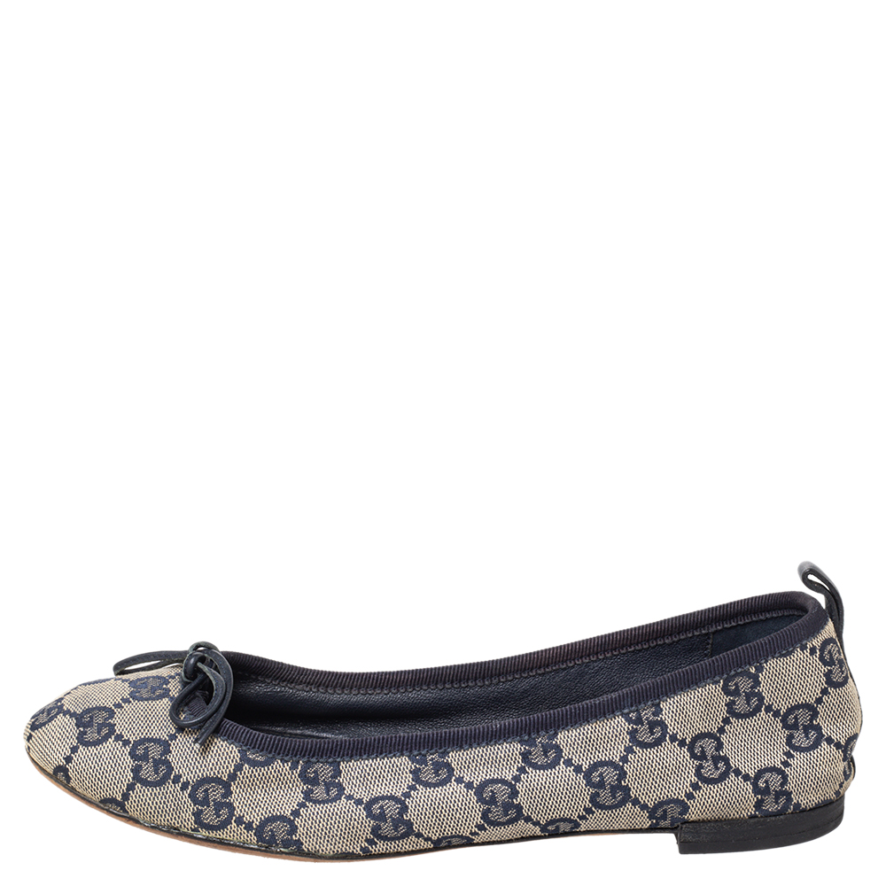 

Gucci Beige/Blue GG Canvas And Leather Bow Ballet Flats Size