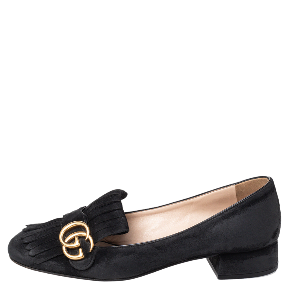 

Gucci Black Suede GG Marmont Fringe Pumps Size