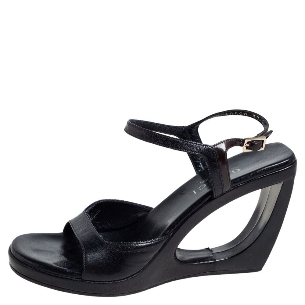 

Gucci Black Leather Cut Out Wedge Heel Sandals Size