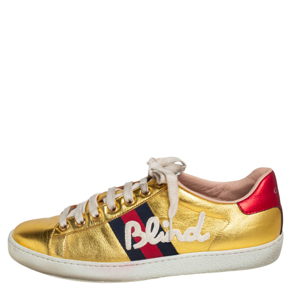 

Gucci Gold Leather Ace Blind For Love Blind Web Detail Low Top Sneakers Size