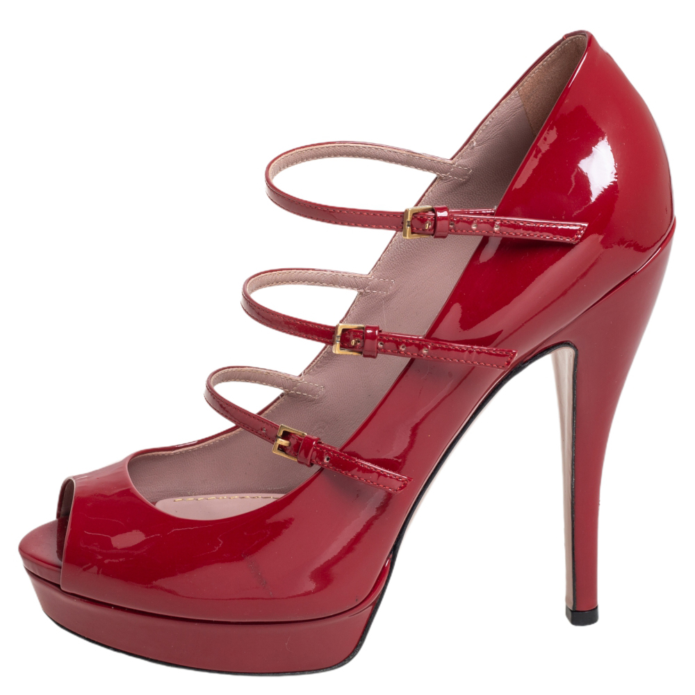 

Gucci Red Patent Leather Platform Ankle Strap Mary Jane Peep Toe Pumps Size