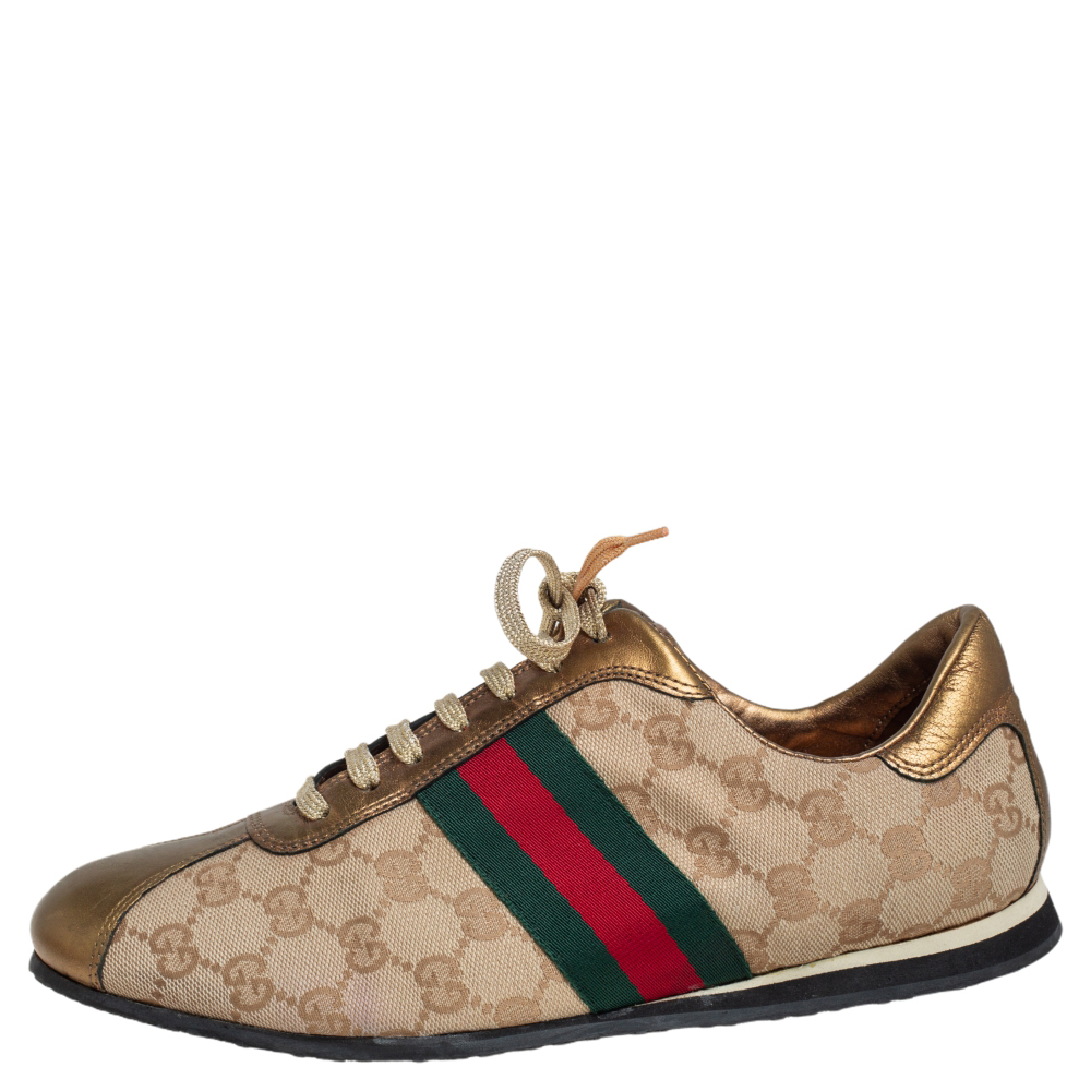 

Gucci Gold/Beige GG Canvas And Leather Web Detail Low Top Sneakers Size