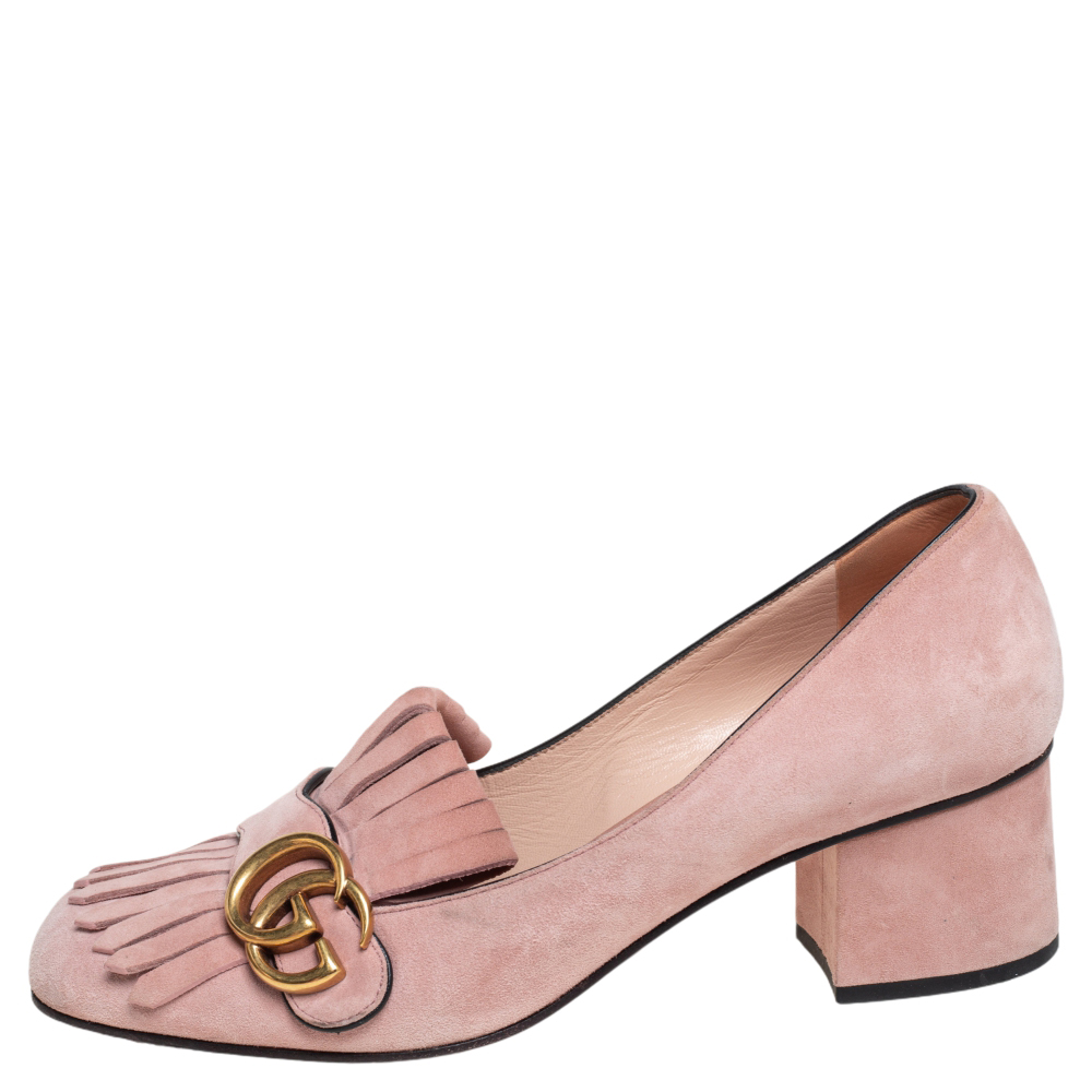 

Gucci Light Pink Suede GG Marmont Fringe Block Heel Pumps Size