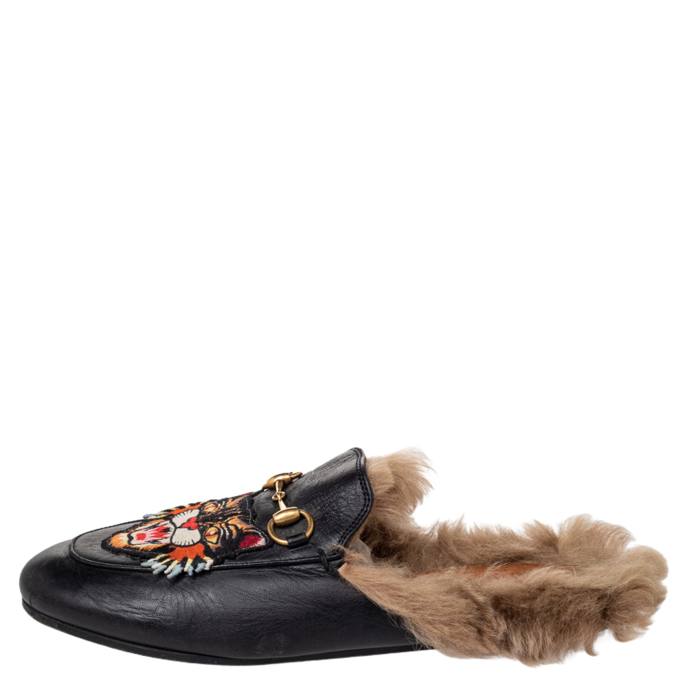 

Gucci Black Tiger Embroidered Leather And Fur Princetown Horsebit Mule Sandals Size