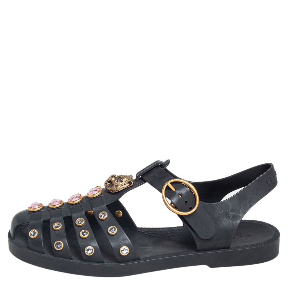 

Gucci Black Rubber GG Crystal Embellished Fisherman Sandals Size