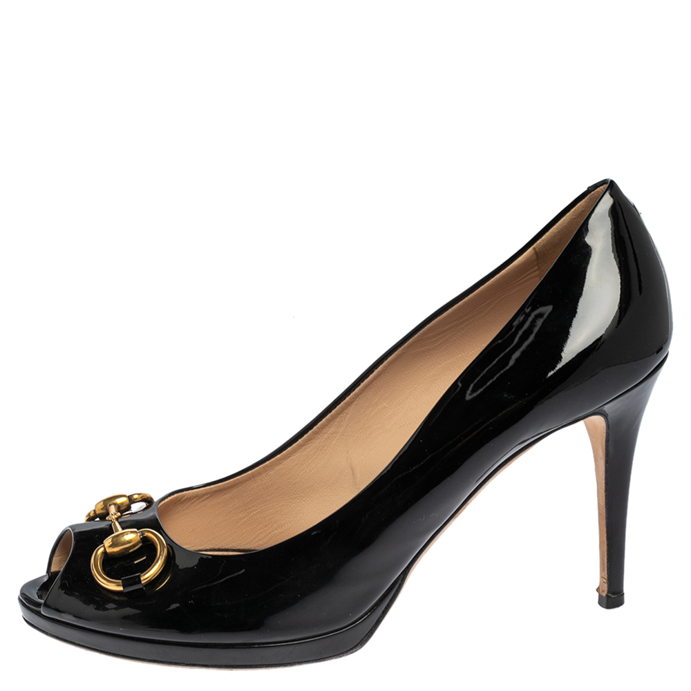 

Gucci Black Patent Leather New Hollywood Horsebit Peep Toe Pumps Size