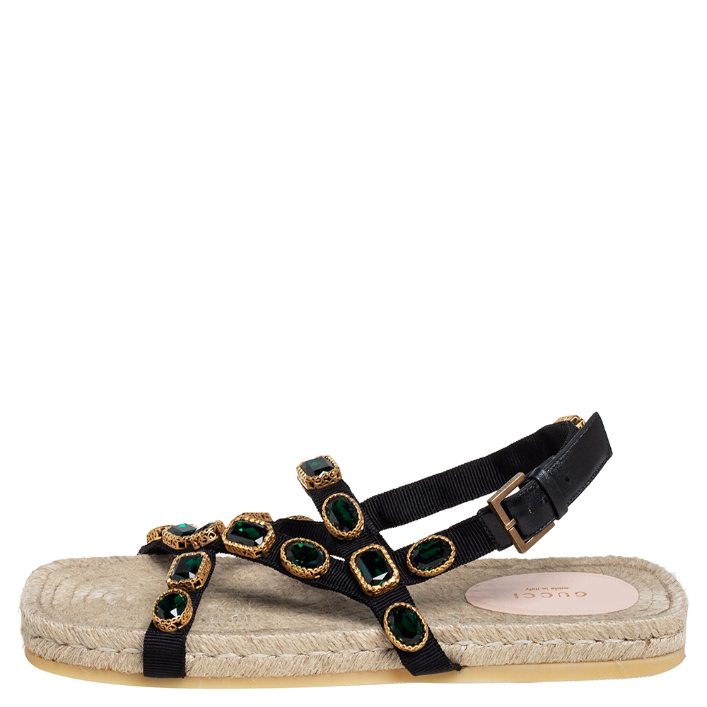 

Gucci Black/Green Canvas Grosgrain Espadrille Flat Sandals Size