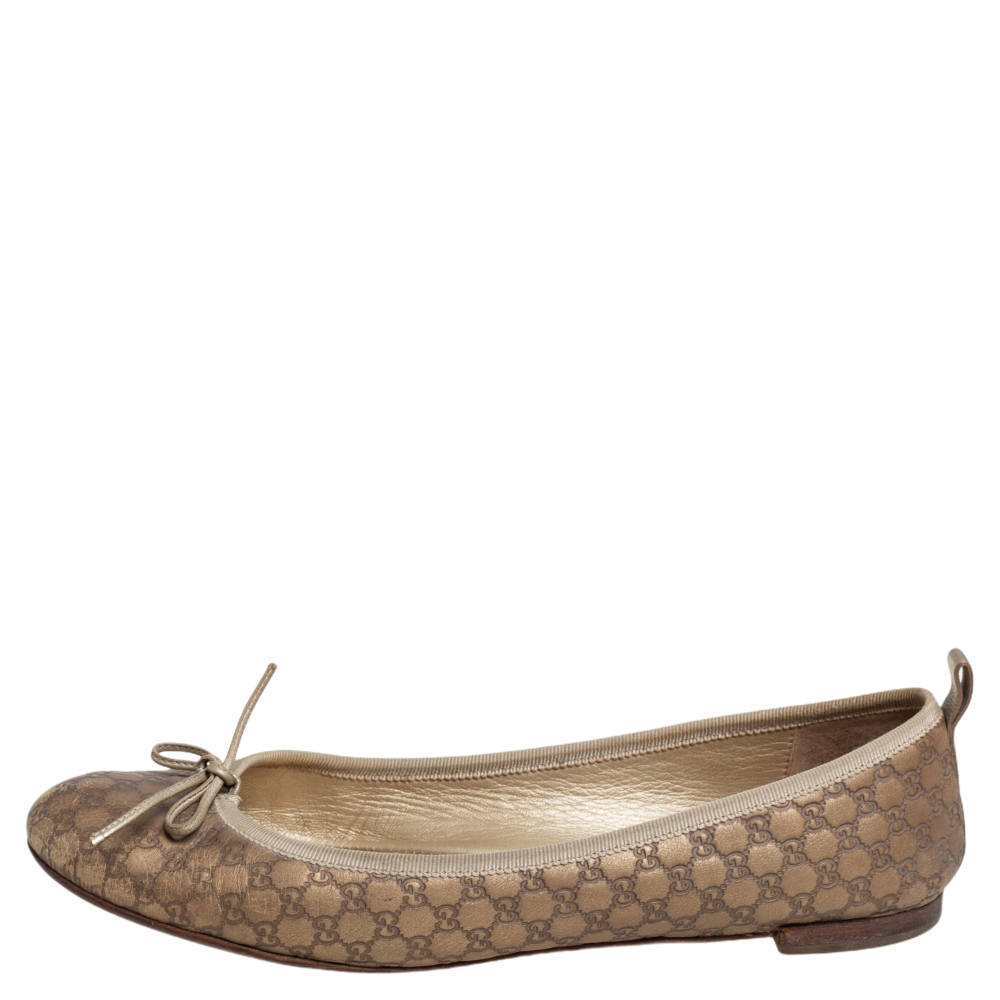 

Gucci Gold Guccissima Leather Bow Ballet Flats Size