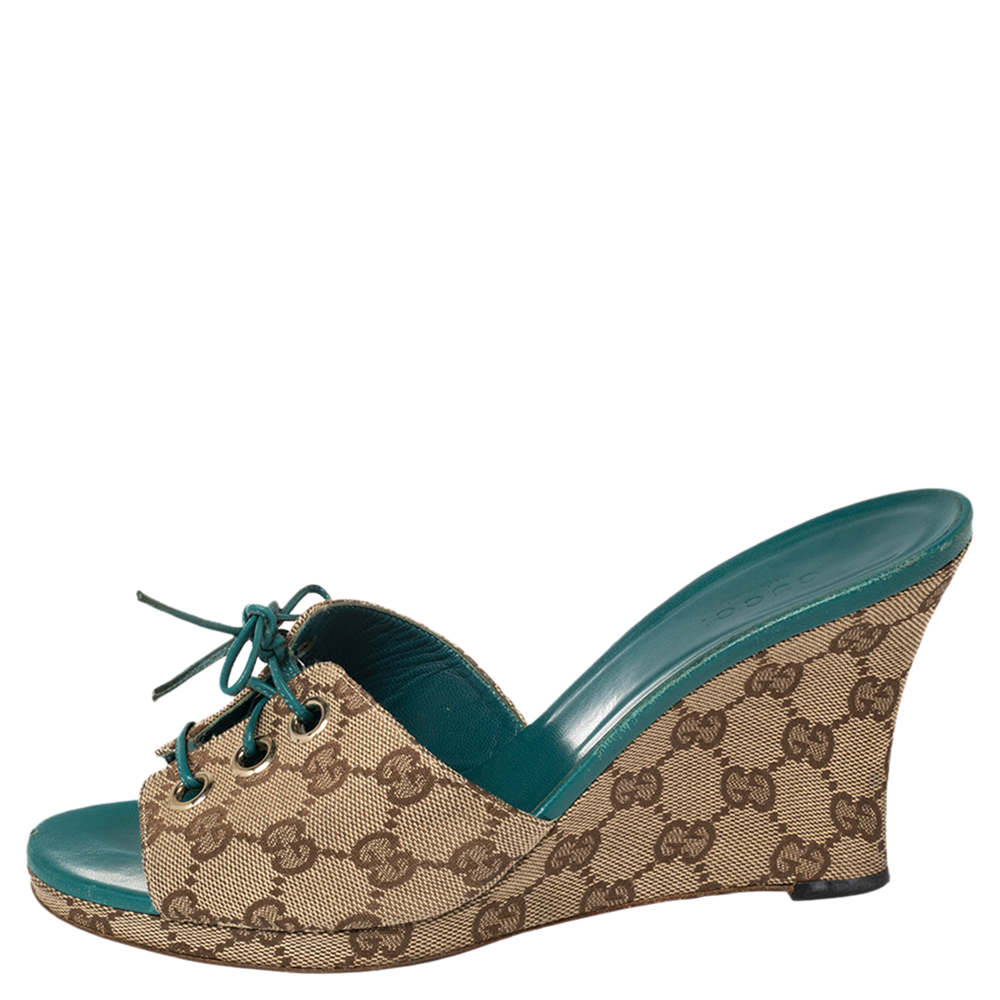 

Gucci Beige/Brown GG Canvas Wedge Lace Up Slide Sandals Size