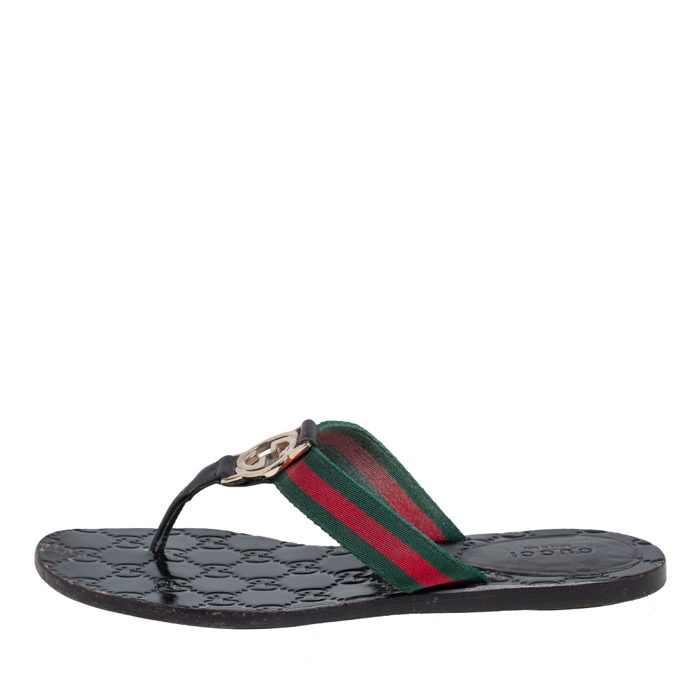 

Gucci Black Leather Web Interlocking G Thong Flat Sandals Size