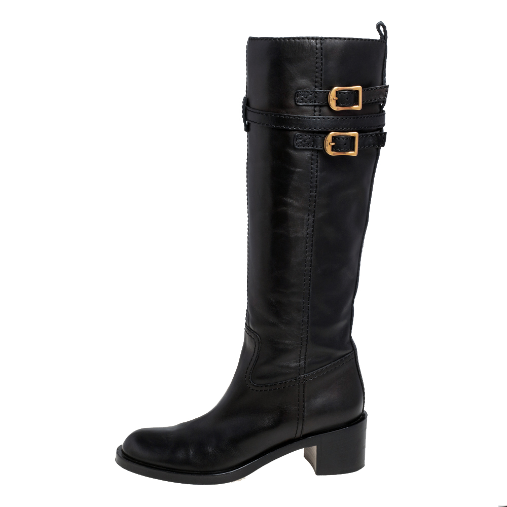 

Gucci Black Leather Buckle Riding Knee Length Boots Size