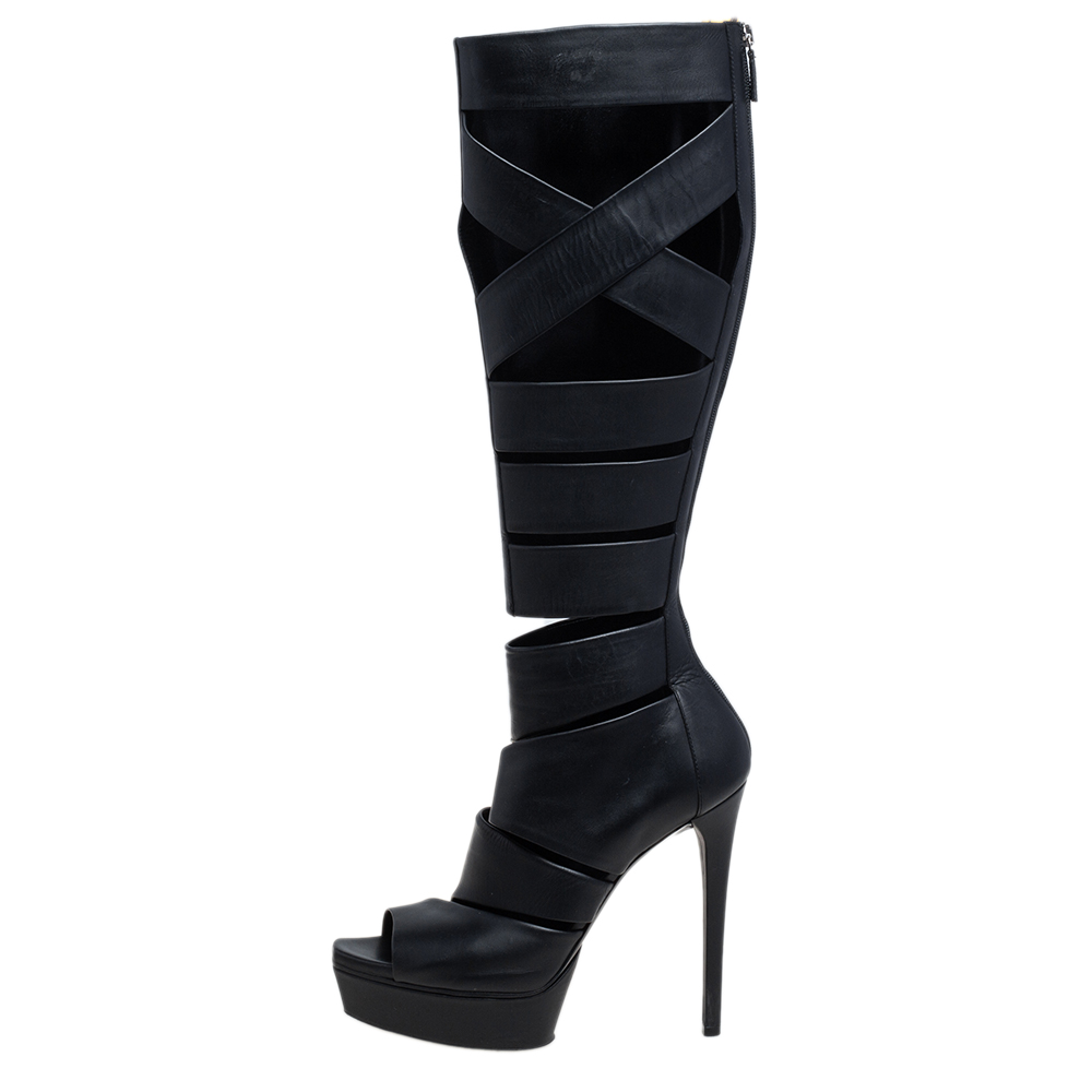 

Gucci Black Leather Helena Gladiator Platform Knee High Boots Size