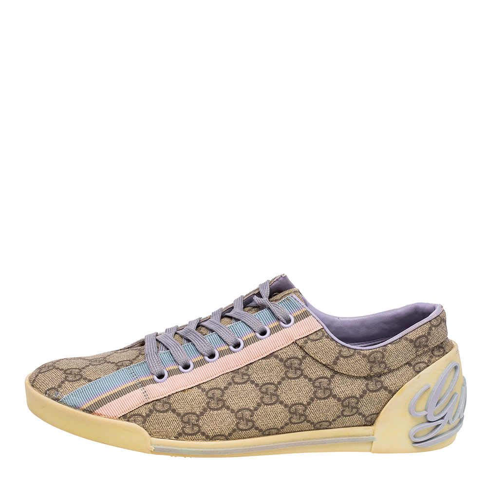 

Gucci Beige GG Coated Canvas And Fabric Web Low Top Sneakers Size